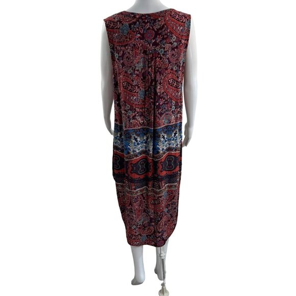 Cupio Womens L Sleeveless Burgundy Midi Dress Aztec Paisley Mandala Boho Artsy - Picture 3 of 15